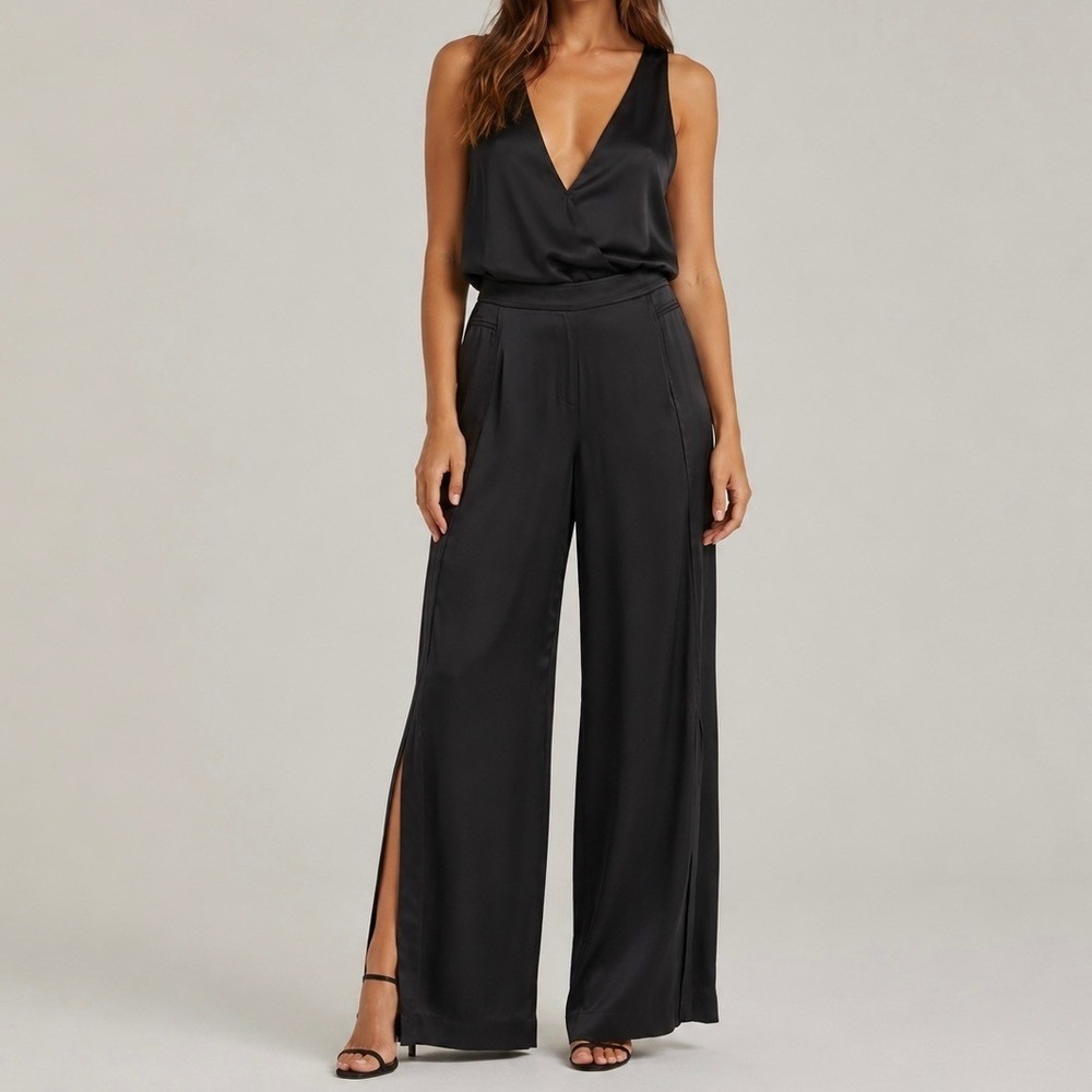 St John Evening Marie Black Satin Silk Wide Leg High Slit Pants Trousers Size 8